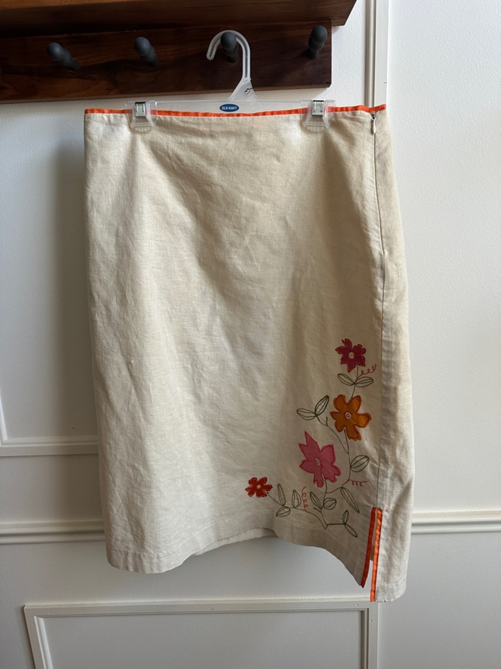 Vintage Linen Skirt with Pink & Orange Floral Embroidery